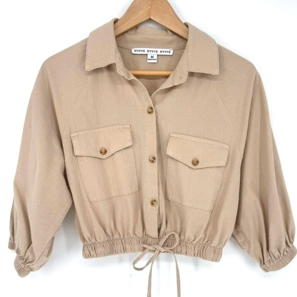 Hyfve Tan Cotton Cropped Button Down Utility Shirt Jacket Neutral Safari Medium